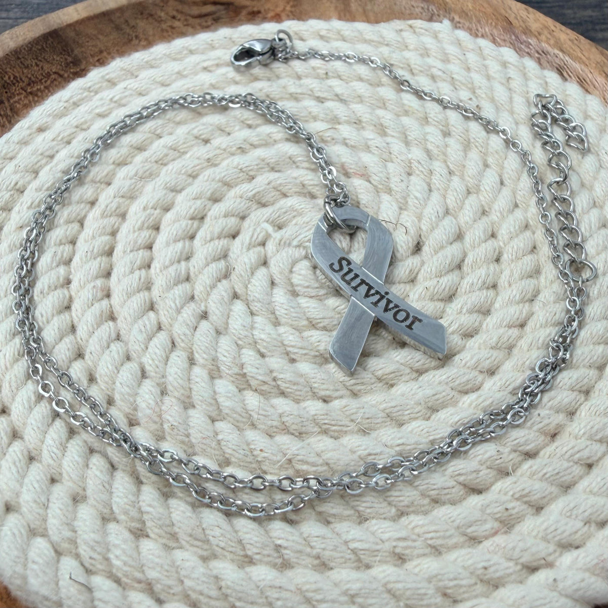 Survivor Awareness Ribbon Necklace, Laser Engraved Stainless Steel Pendant, Cancer Survivor Gift, Silver or Gold, Support Jewelry