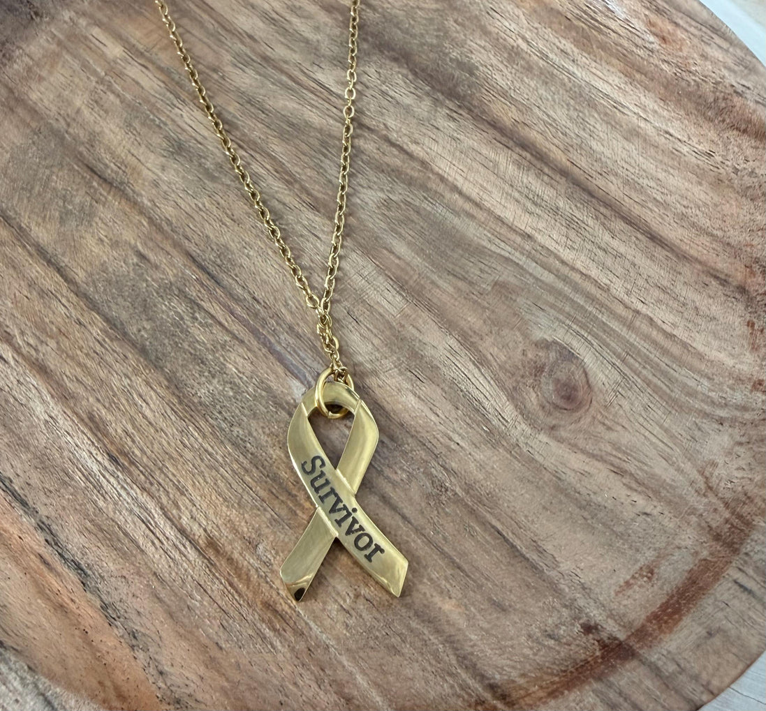 Survivor Awareness Ribbon Necklace, Laser Engraved Stainless Steel Pendant, Cancer Survivor Gift, Silver or Gold, Support Jewelry