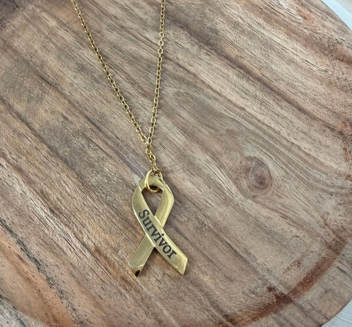 Survivor Awareness Ribbon Necklace, Laser Engraved Stainless Steel Pendant, Cancer Survivor Gift, Silver or Gold, Support Jewelry