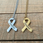 Survivor Awareness Ribbon Necklace, Laser Engraved Stainless Steel Pendant, Cancer Survivor Gift, Silver or Gold, Support Jewelry