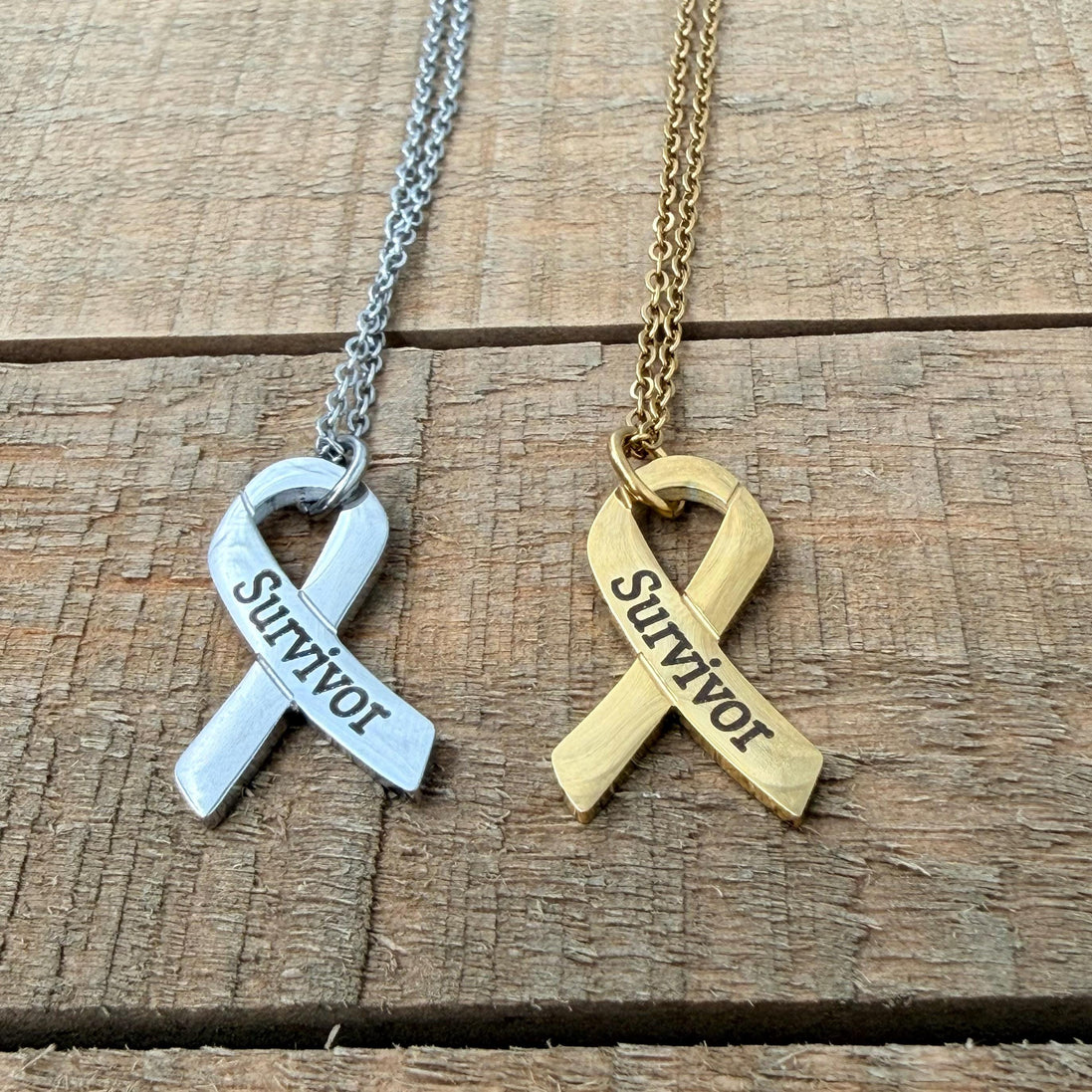 Survivor Awareness Ribbon Necklace, Laser Engraved Stainless Steel Pendant, Cancer Survivor Gift, Silver or Gold, Support Jewelry