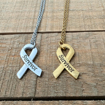Survivor Awareness Ribbon Necklace, Laser Engraved Stainless Steel Pendant, Cancer Survivor Gift, Silver or Gold, Support Jewelry