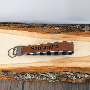 Personalized Buffalo Plaid Wristlet Keychain, Custom Name Laser Engraved Key Fob, Handmade Fabric Wrist Strap, Gift for Her