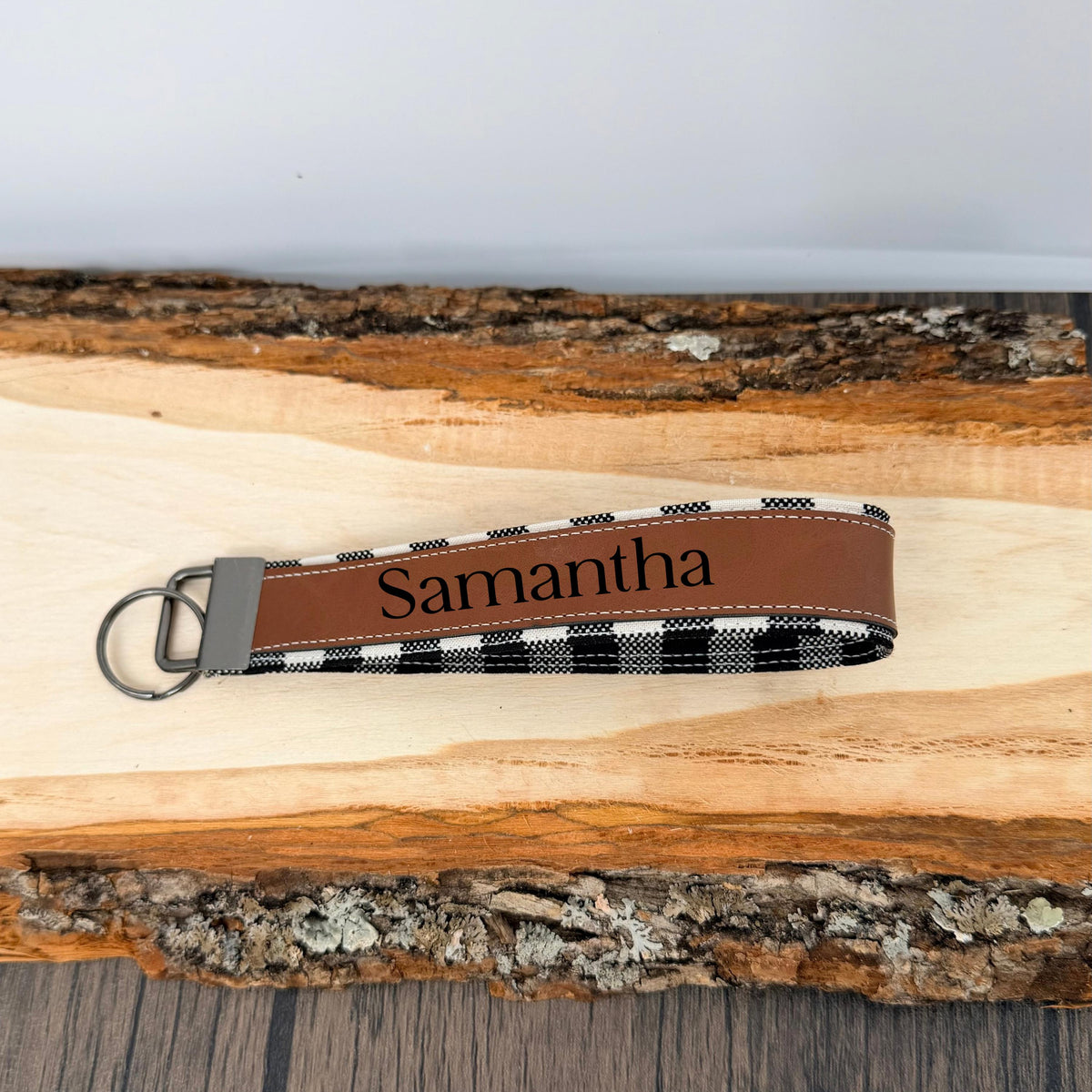 Personalized Buffalo Plaid Wristlet Keychain, Custom Name Laser Engraved Key Fob, Handmade Fabric Wrist Strap, Gift for Her
