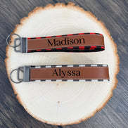 Personalized Buffalo Plaid Wristlet Keychain, Custom Name Laser Engraved Key Fob, Handmade Fabric Wrist Strap, Gift for Her