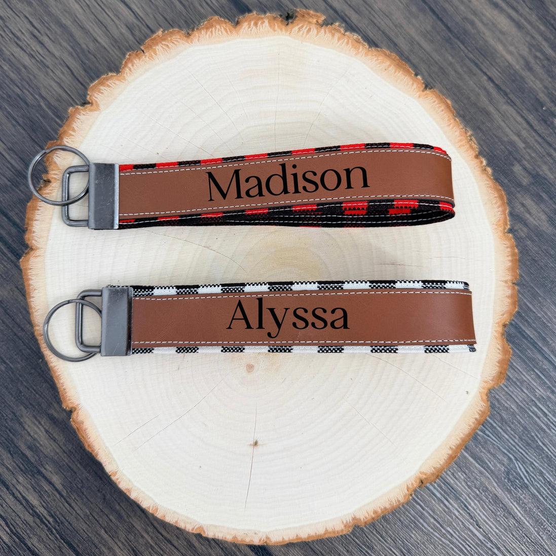 Personalized Buffalo Plaid Wristlet Keychain, Custom Name Laser Engraved Key Fob, Handmade Fabric Wrist Strap, Gift for Her