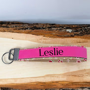 Personalized Floral Wristlet Keychain, Custom Name Laser Engraved Key Fob, Pink Flower Fabric Wrist Strap, Gift for Her