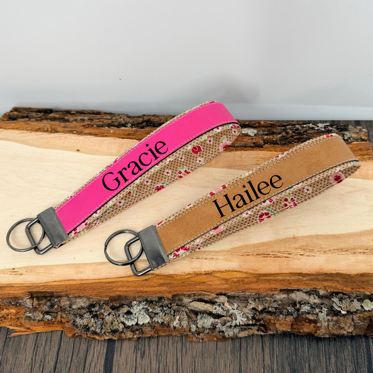 Personalized Floral Wristlet Keychain, Custom Name Laser Engraved Key Fob, Pink Flower Fabric Wrist Strap, Gift for Her