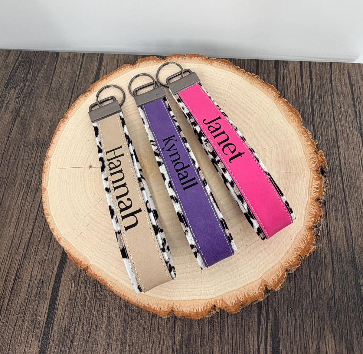 Personalized White Leopard Wristlet Keychain with Custom Name