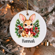 Personalized Bunny Christmas Ornament, Custom Name Rabbit Ornament, Woodland Christmas Keepsake, Bunny Lover Gift, Ceramic Ornament