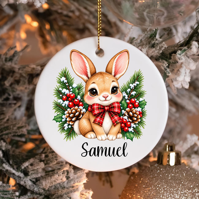 Personalized Bunny Christmas Ornament, Custom Name Rabbit Ornament, Woodland Christmas Keepsake, Bunny Lover Gift, Ceramic Ornament