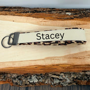 Personalized Leopard Print Wristlet Keychain, Leopard Key Fob, Custom Name Laser Engraved Leatherette Keychain, Gift for Her