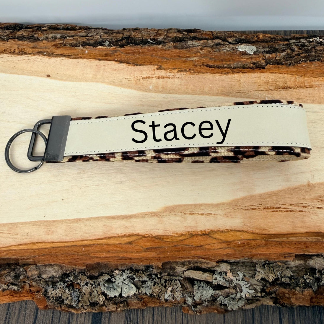 Personalized Leopard Print Wristlet Keychain, Leopard Key Fob, Custom Name Laser Engraved Leatherette Keychain, Gift for Her