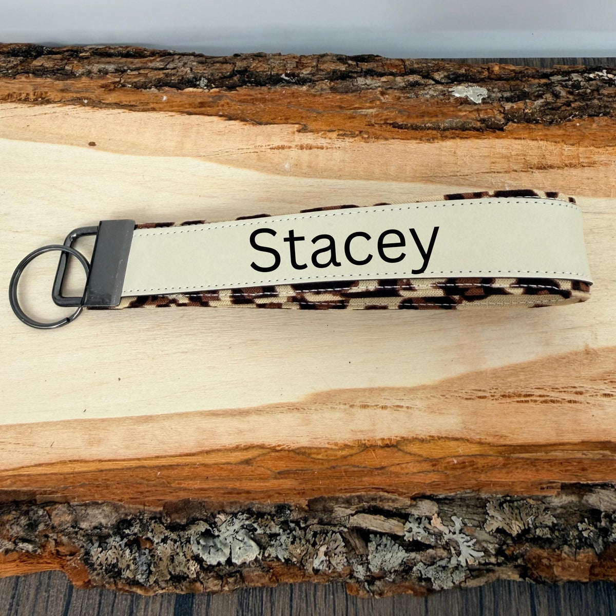 Personalized Leopard Print Wristlet Keychain, Leopard Key Fob, Custom Name Laser Engraved Leatherette Keychain, Gift for Her