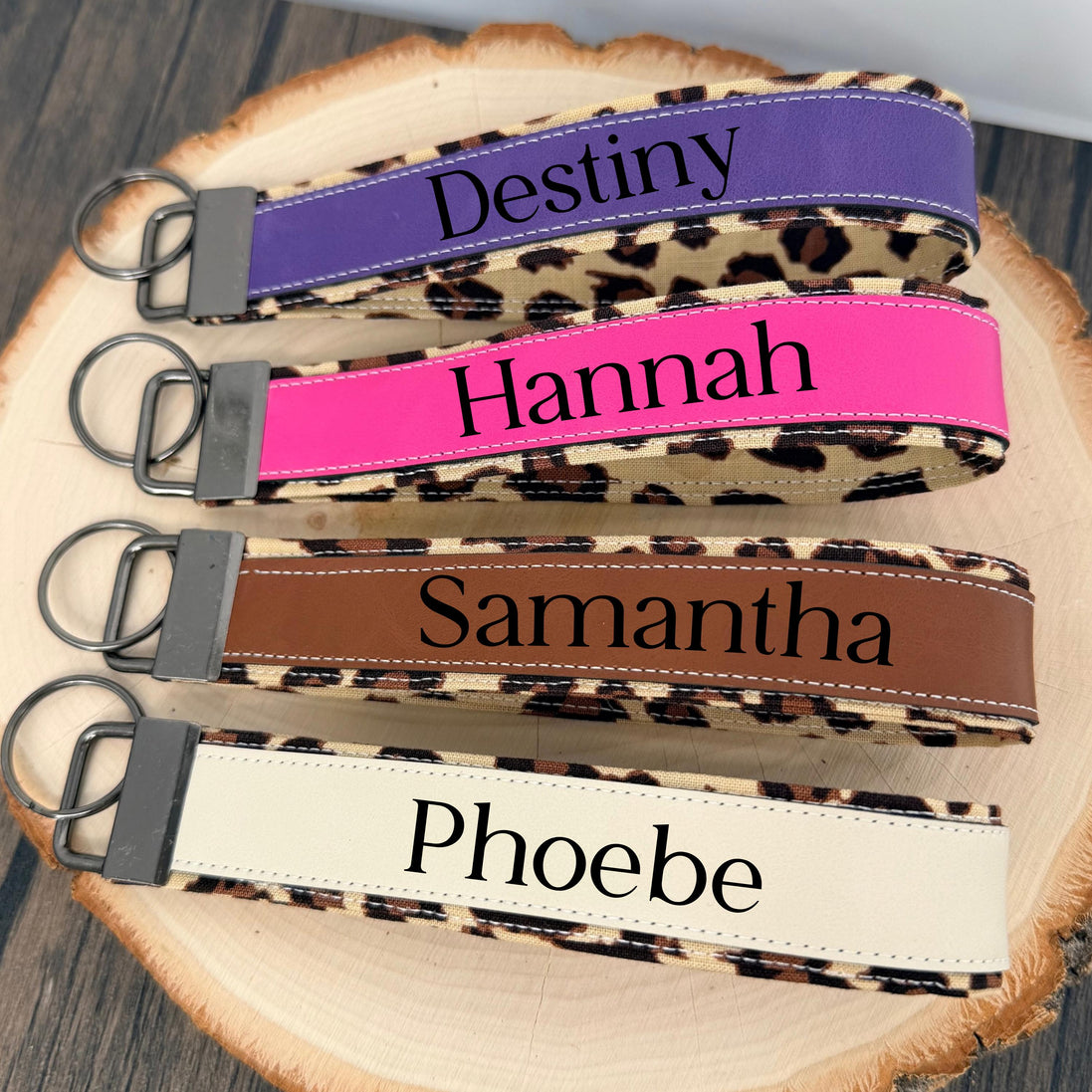 Personalized Leopard Print Wristlet Keychain, Leopard Key Fob, Custom Name Laser Engraved Leatherette Keychain, Gift for Her