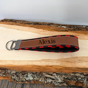 Personalized Buffalo Plaid Wristlet Keychain, Custom Name Laser Engraved Key Fob, Handmade Fabric Wrist Strap, Gift for Her