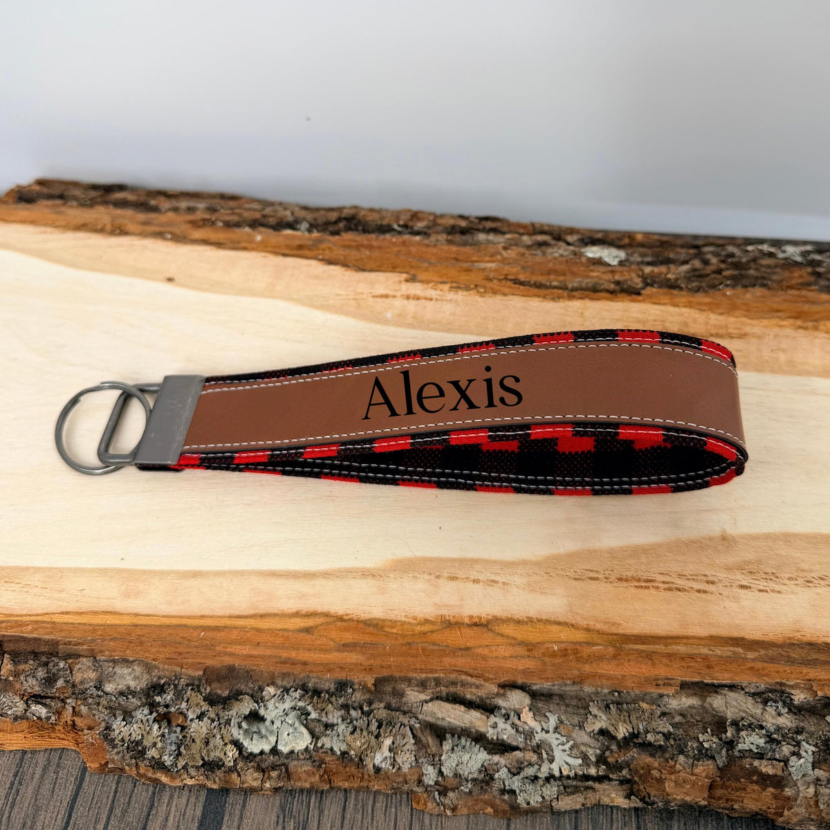 Personalized Buffalo Plaid Wristlet Keychain, Custom Name Laser Engraved Key Fob, Handmade Fabric Wrist Strap, Gift for Her
