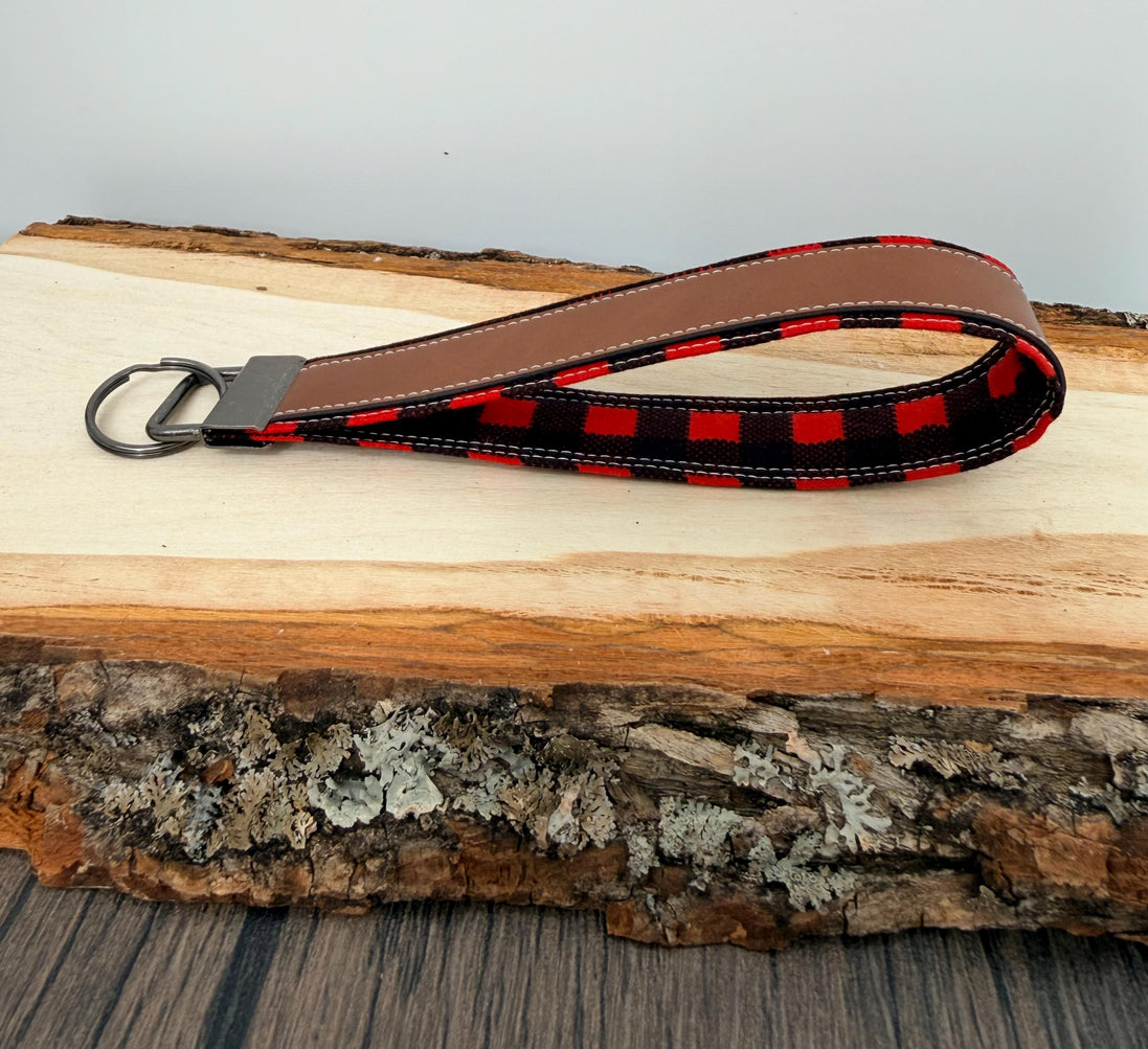Personalized Buffalo Plaid Wristlet Keychain, Custom Name Laser Engraved Key Fob, Handmade Fabric Wrist Strap, Gift for Her