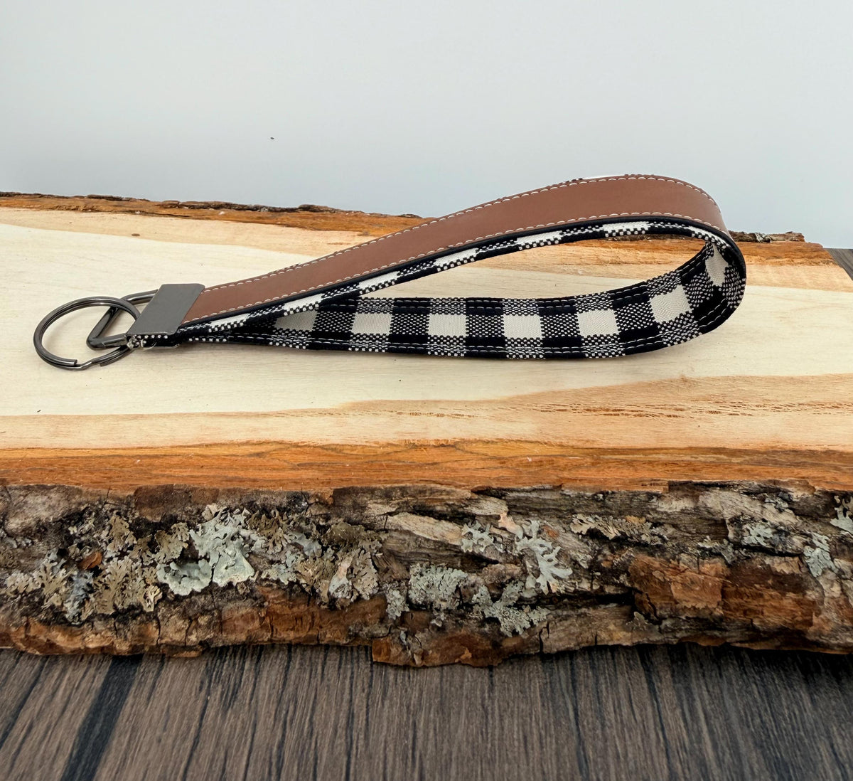 Personalized Buffalo Plaid Wristlet Keychain, Custom Name Laser Engraved Key Fob, Handmade Fabric Wrist Strap, Gift for Her