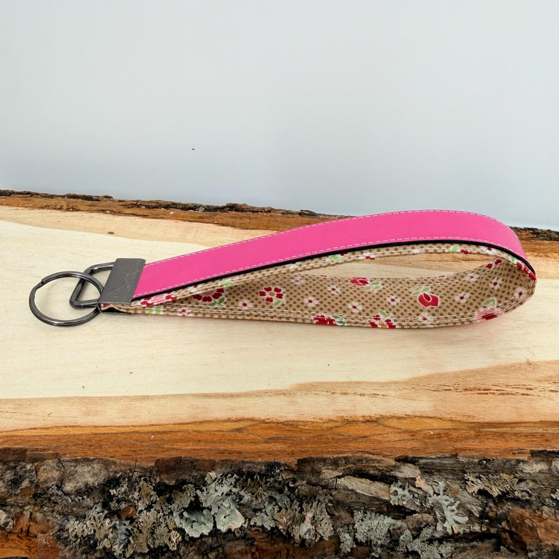Personalized Floral Wristlet Keychain, Custom Name Laser Engraved Key Fob, Pink Flower Fabric Wrist Strap, Gift for Her