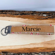 Personalized Floral Wristlet Keychain, Custom Name Laser Engraved Key Fob, Pink Flower Fabric Wrist Strap, Gift for Her