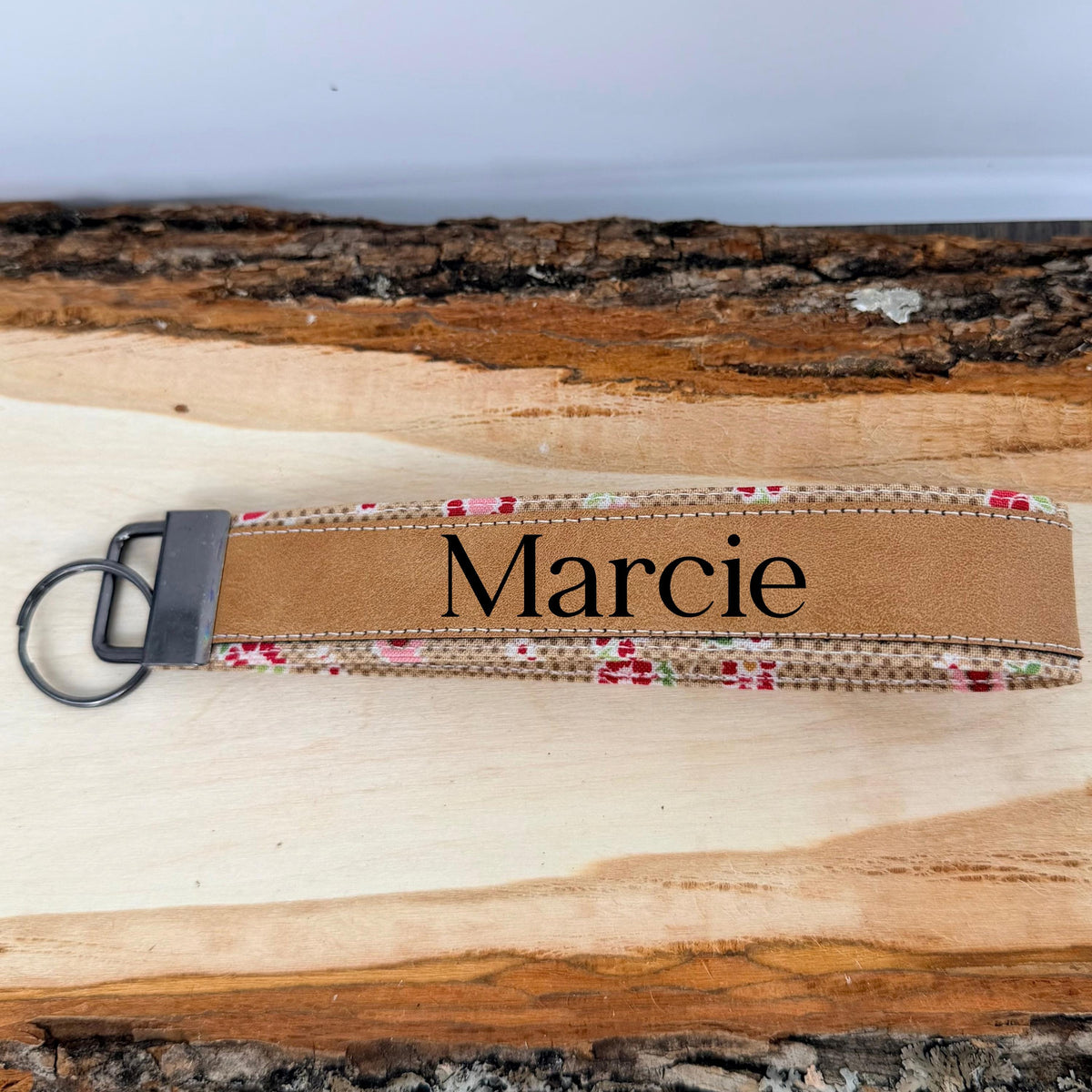 Personalized Floral Wristlet Keychain, Custom Name Laser Engraved Key Fob, Pink Flower Fabric Wrist Strap, Gift for Her