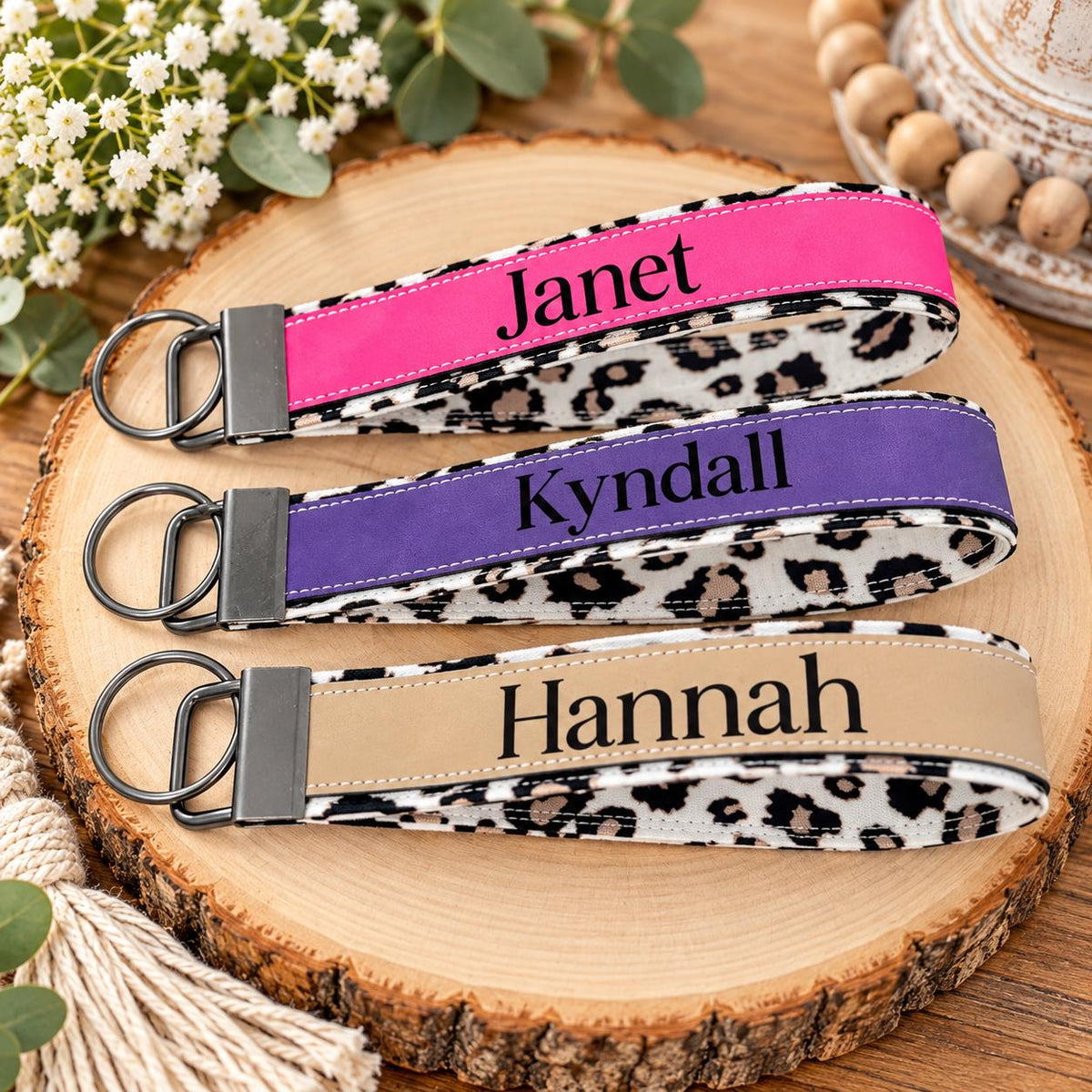 Personalized White Leopard Wristlet Keychain with Custom Name