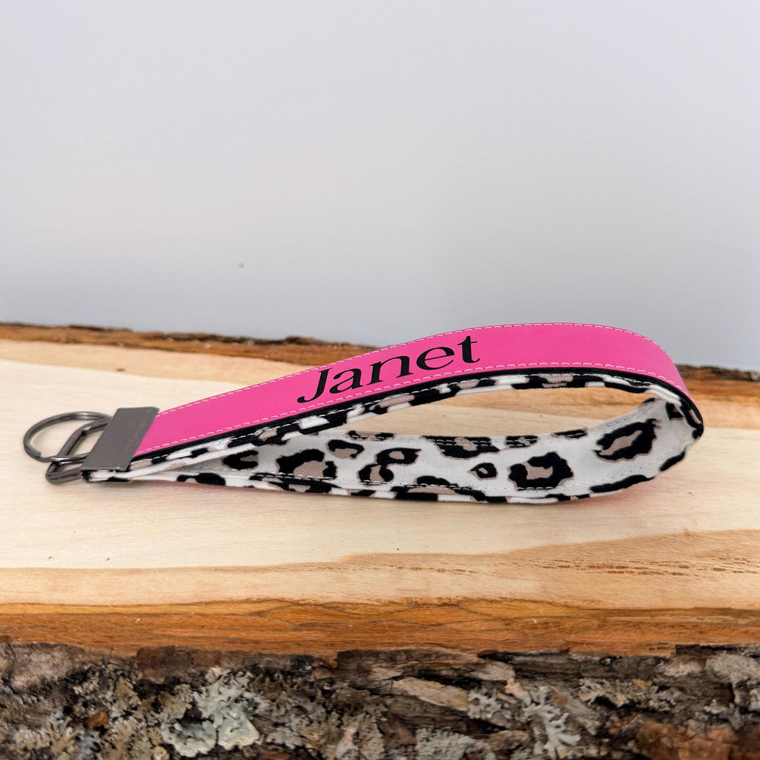 Personalized White Leopard Wristlet Keychain with Custom Name