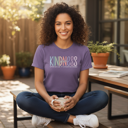 Kindness Is Free design on heather purple with different model