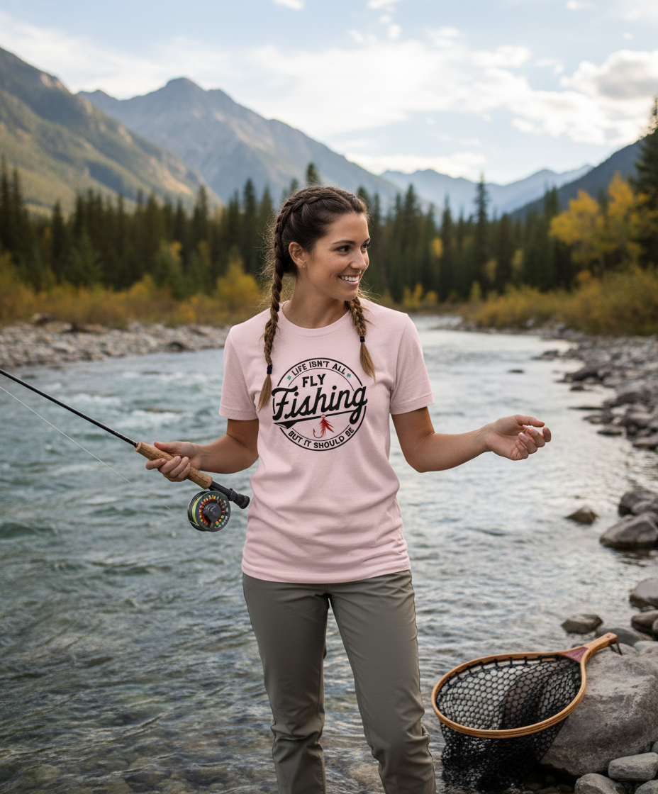 Life Isn't All Fly Fishing shirt in light pink on female model