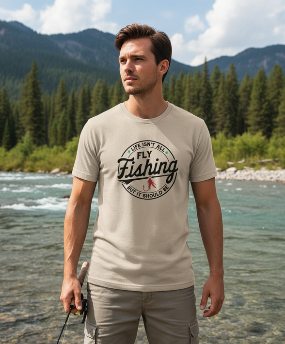 Life Isn't All Fly Fishing shirt in sand on male model