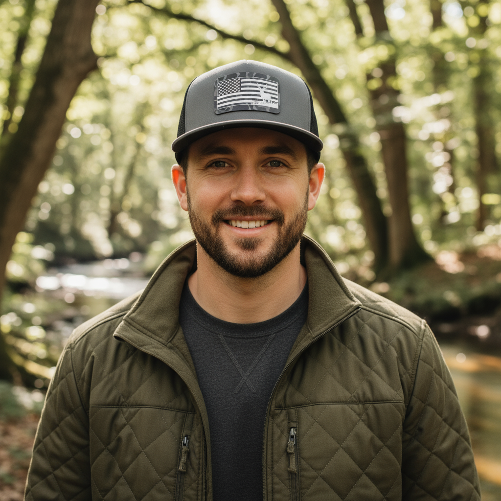 Male model wearing American flag and buck black storm camo hunting cap