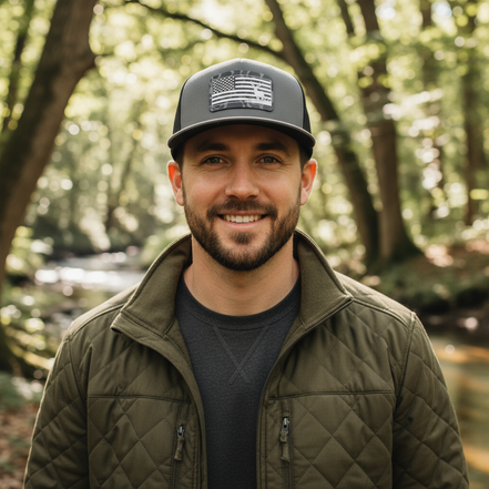 Male model wearing American flag and buck black storm camo hunting cap