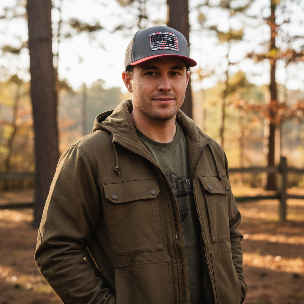 Male Model Wearing American Flag and Buck Deer Hunting Cap