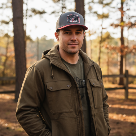 Male Model Wearing American Flag and Buck Deer Hunting Cap