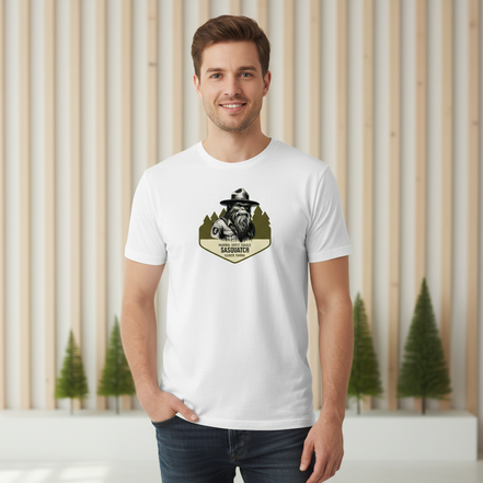 Male model wearing Bigfoot Sasquatch Search Patrol t-shirt