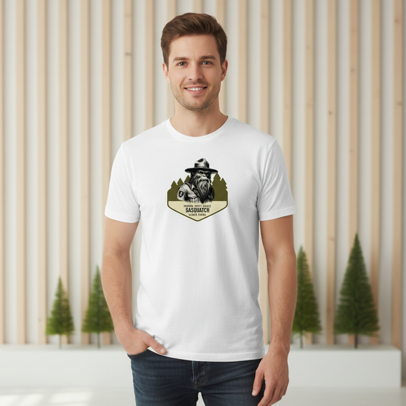 Male model wearing Bigfoot Sasquatch Search Patrol t-shirt