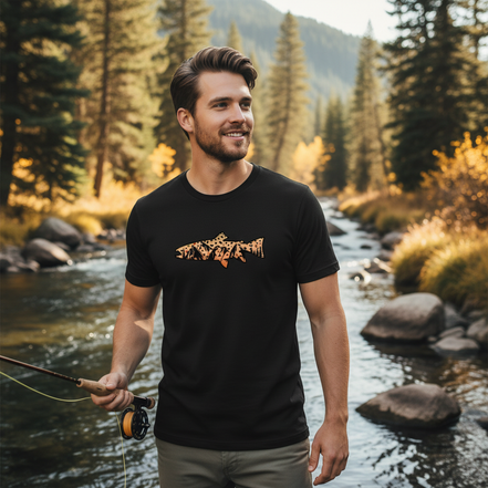 Male model wearing black t-shirt with brown trout