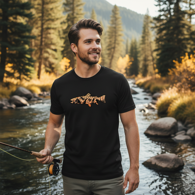 Male model wearing black t-shirt with brown trout