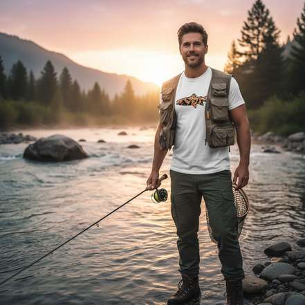 Male model wearing Brown Trout fishing t-shirt
