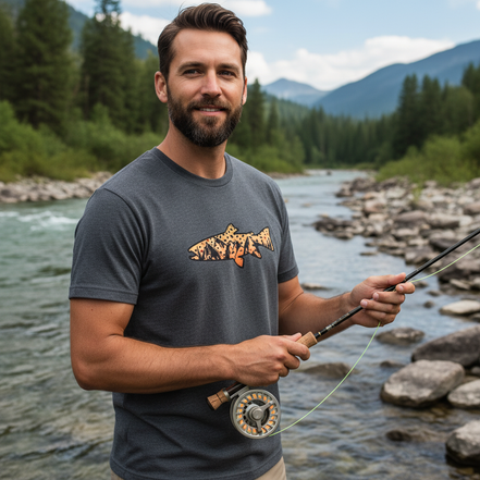 Male model wearing charcoal brown trout t-shirt