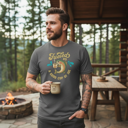 Male model wearing Cup of Joe design on Gildan Softstyle charcoal t-shirt