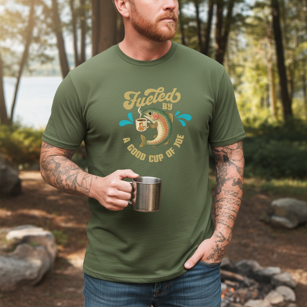 Male model wearing Cup of Joe design on military green t-shirt