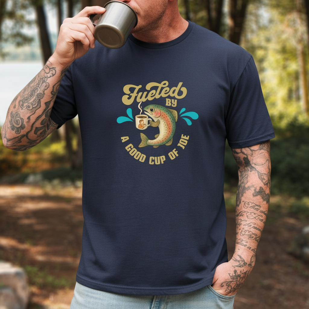 Male model wearing Cup of Joe design on navy t-shirt