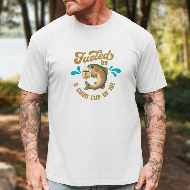 Male model wearing Cup of Joe design on white t-shirt - clean version