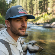 Male Model Wearing Fly Fishing Brook Trout Hat
