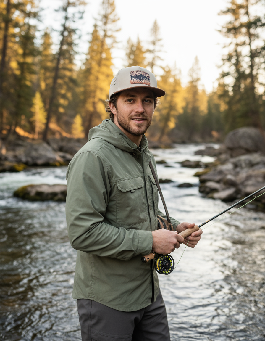 Male Model Wearing Fly Fishing Brown Trout Hat