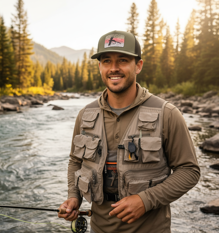 Male Model Wearing Fly Fishing Rainbow Trout Hat