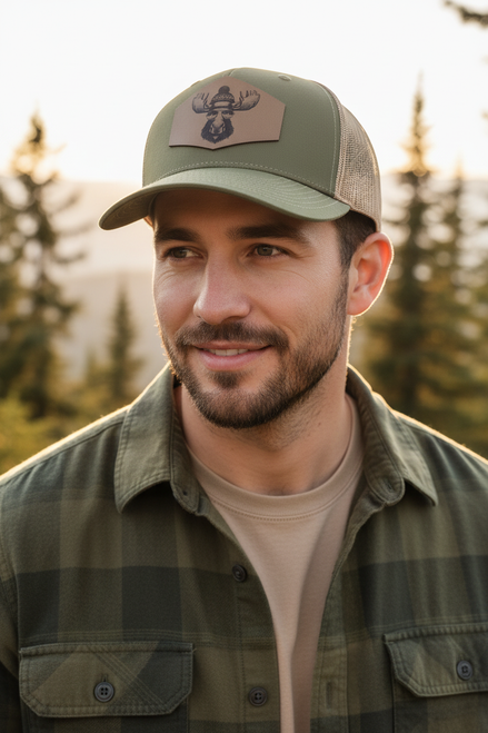 Male model wearing Moose with Sunglasses Hat - close-up