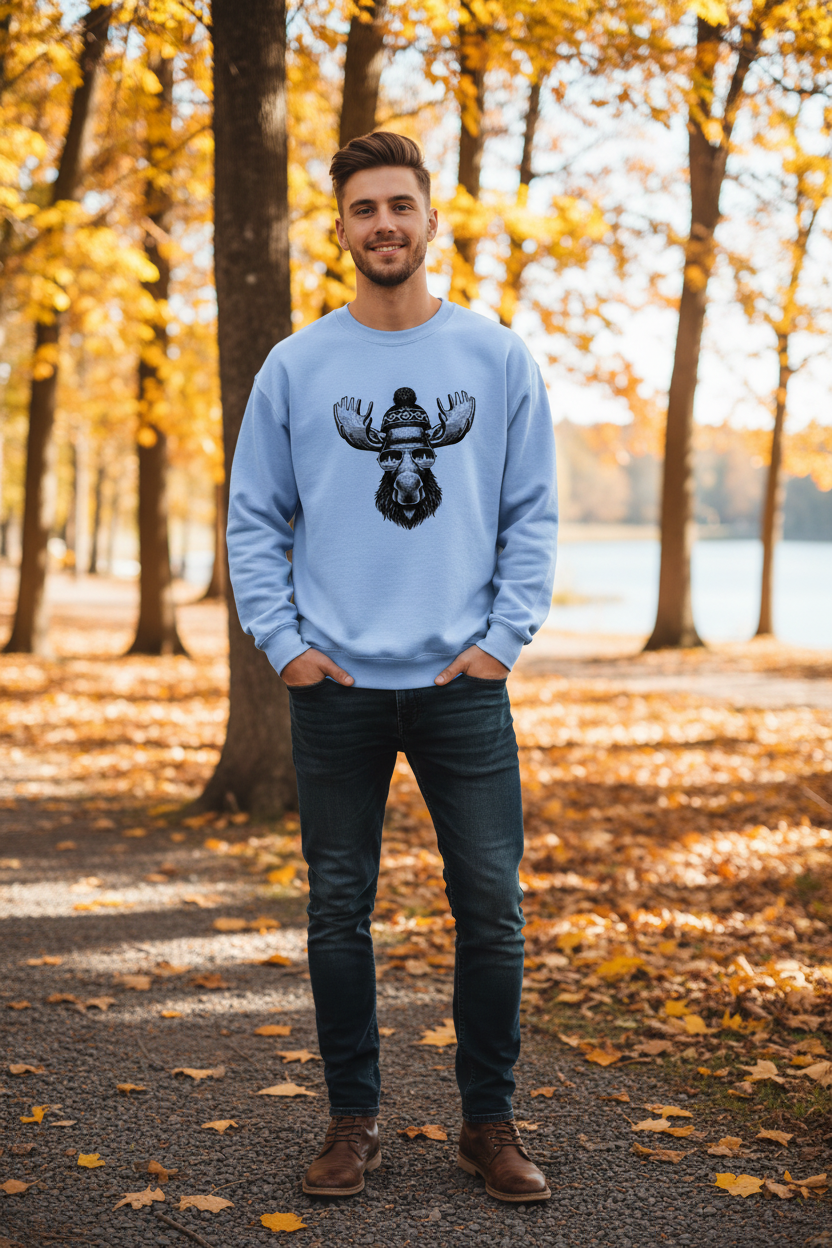 Carolina blue sweatshirt with a moose wearing a beanie and sunglasses